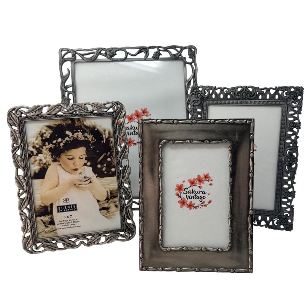 Set of 4‎ Vintage Pewter Photo Frames Ornate Floral Gallery Wall Collection